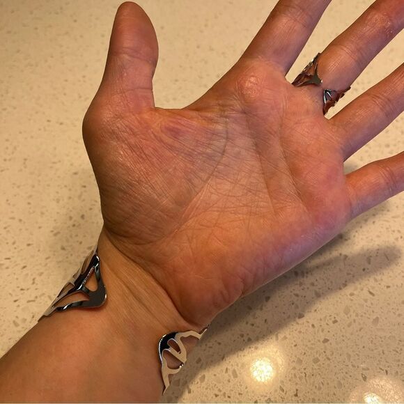 Bangle bracelet & Ring set Metal Leaf Design silver color - Picture 8 of 12